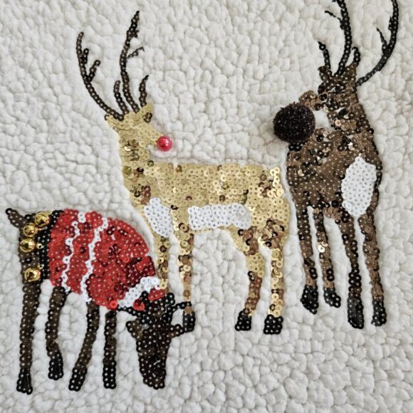 * ROCKIN’ AROUND White Plush Sherpa Fleece Sequined Reindeer Top Ladies MEDIUM - Picture 5 of 5